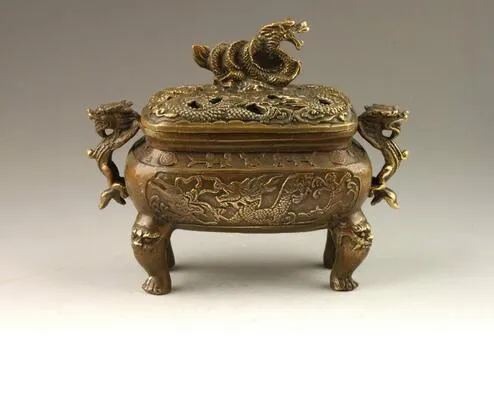 Quemador de incienso de bronce de dragones vivos exquisitos hechos a mano chinos