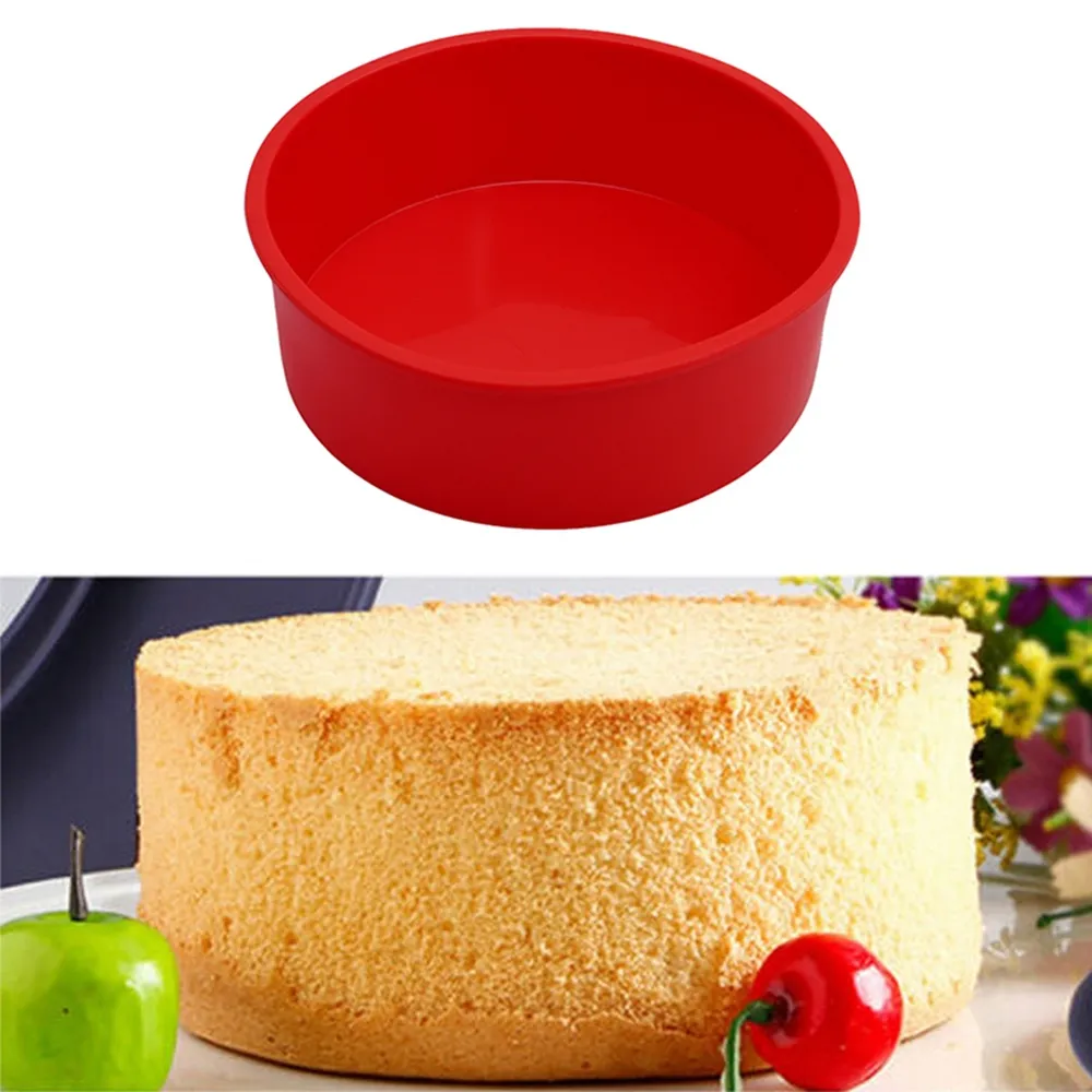 Rodada Red Silicone Bolo Baking Mold Pan Bandeja DIY Ser seguro para usar no forno, microondas, geladeira, etc