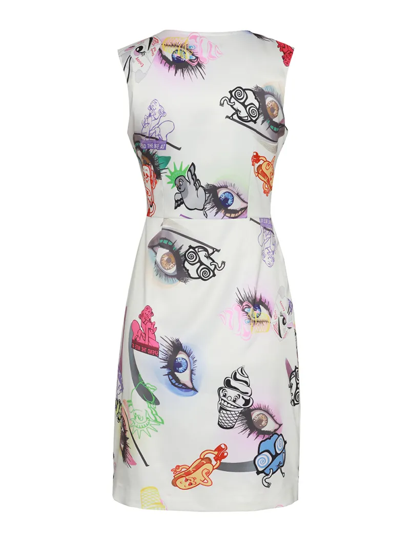 Fashion Print Women Sheath Dress Round Neck Ärmlös Klänningar 01k582