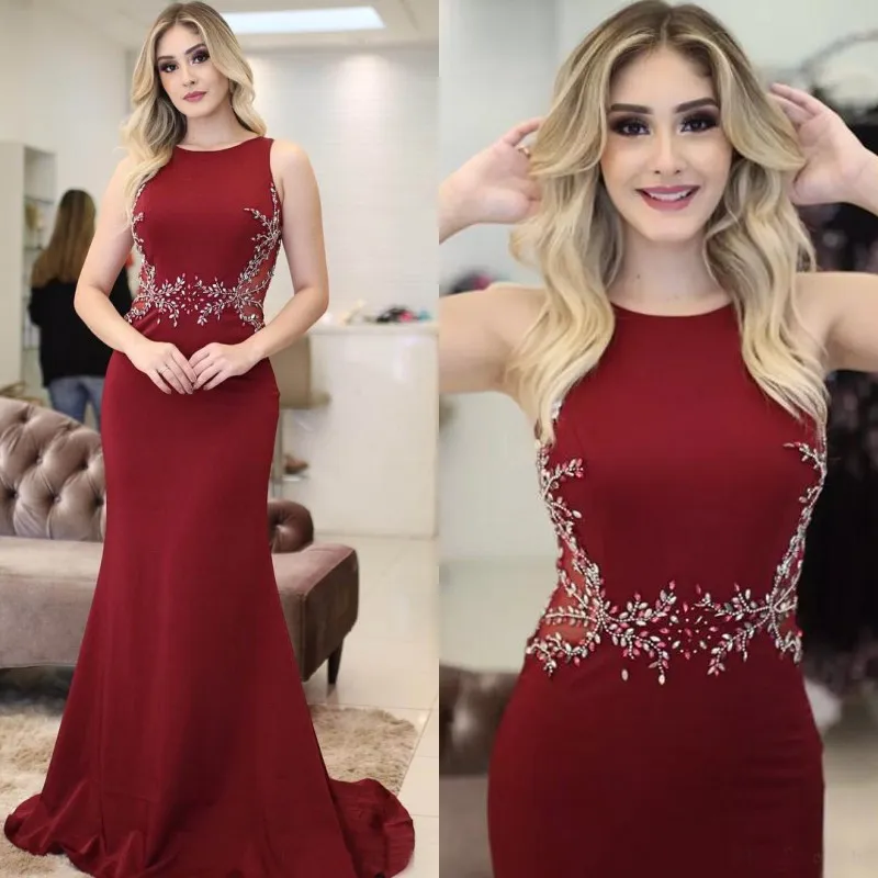 Encantador 2018 gasa rojo oscuro sirena vestidos de baile largos con cuentas Crytals Illusion cintura lado vestidos de fiesta formales por encargo EN2245