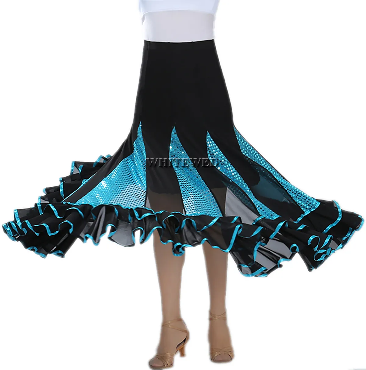 Whitewed Quickstep Folklorico Ballroom Jive Pratique Jupe Valse Danse À Volants Paillettes Longue Valse Latine Danse De Salon Cercle Tango Costumes