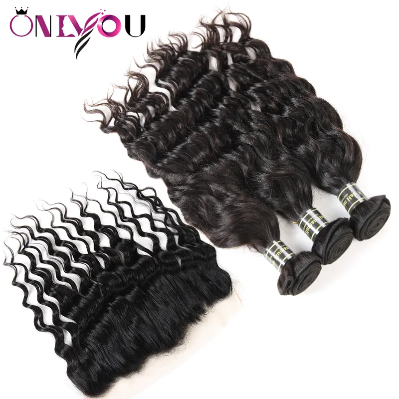 Fasci di capelli brasiliani di visone non trattati con capelli umani frontali con onda d'acqua con chiusura Estensioni dei capelli con onda naturale Solo blac7800407