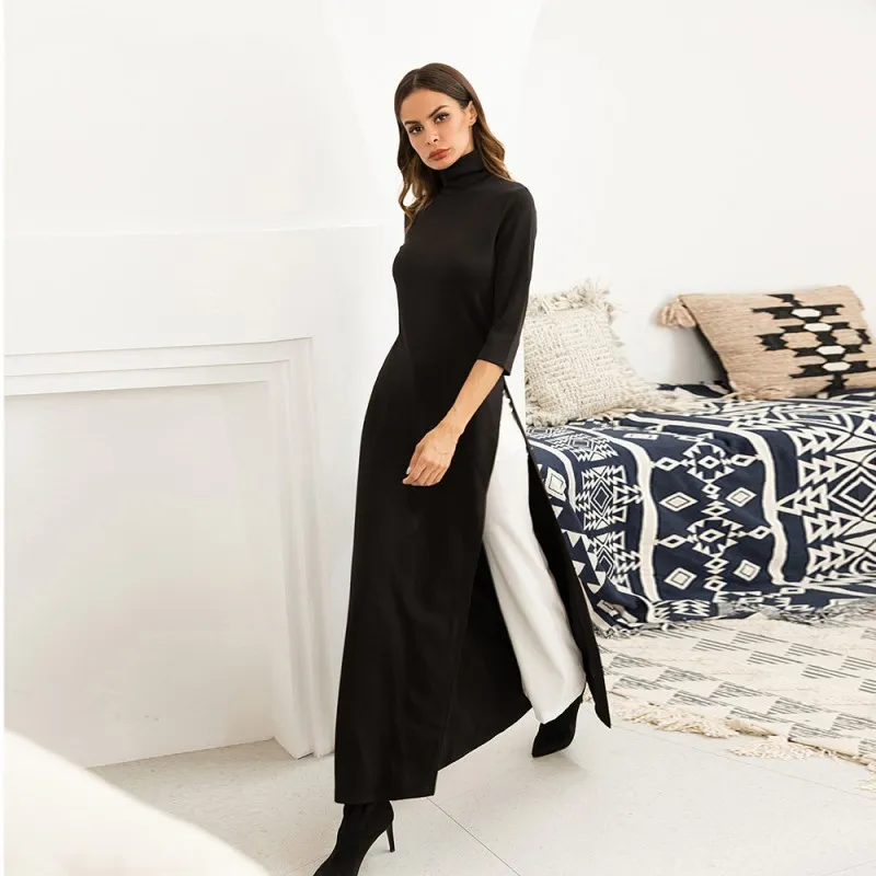 2021 Women's black dress women autumn elegant knitted stretch dresses plus size M-to 2XL Split skirt