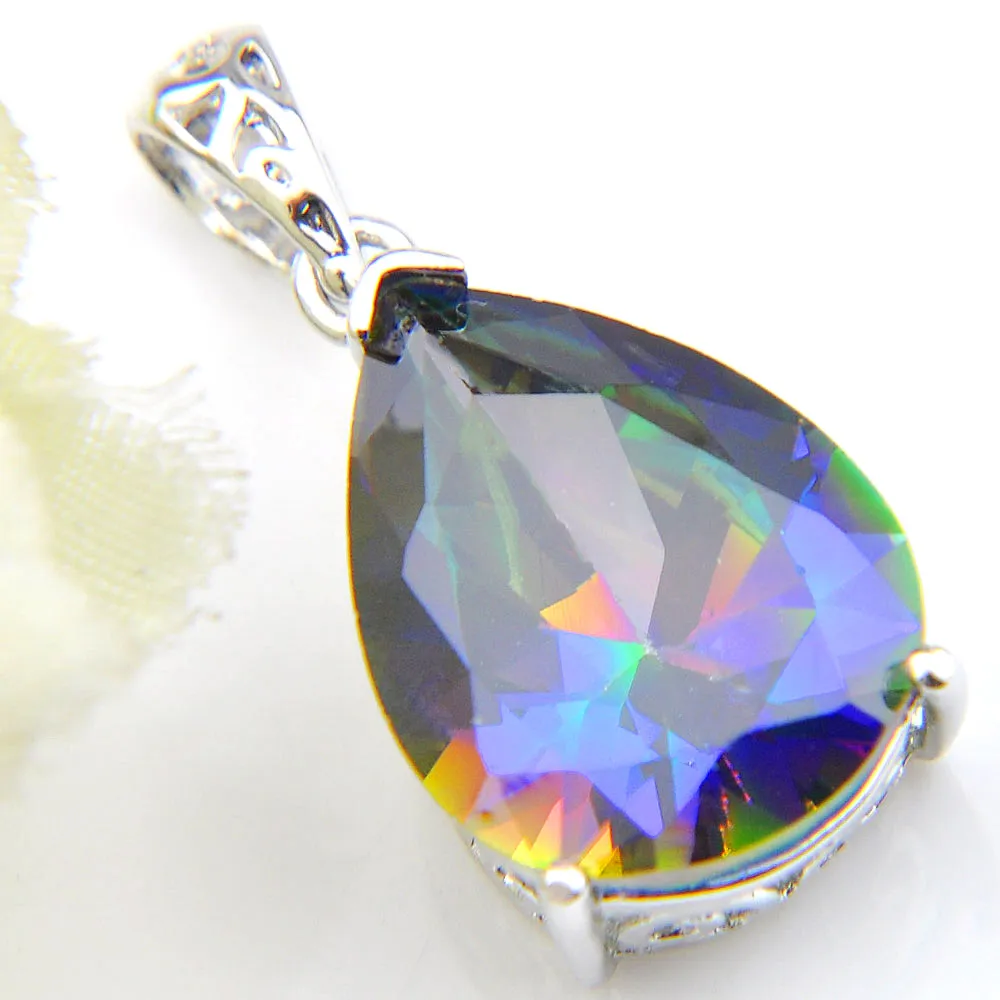 LuckyShine 6Pcs/Lot Charm Women Jewelry Teardrop Shaped Rainbow Natural Mystic Topaz Pendants Silver Zircon Pendants Necklace Engagement Je