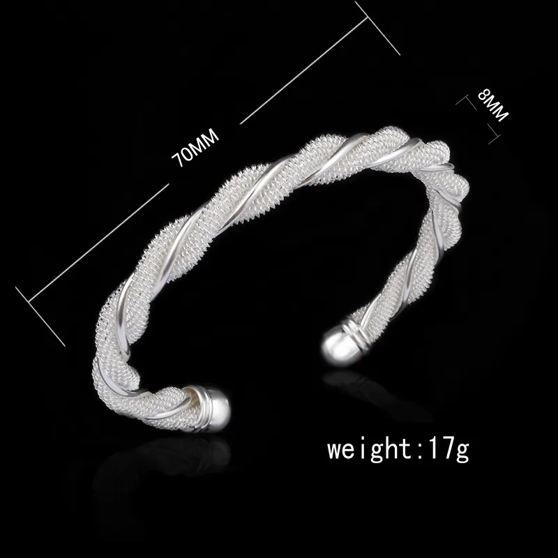 Ny 925 Sterling Silver Mesh Manschettband Bracelets 5 Design Kvinnors dubbelkabel Twisted Open Bangle för damer Hypoallergena Mode Smycken