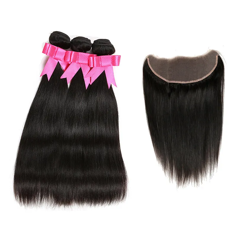 Rak mänskligt hårbuntar med frontal Billiga brasilianska Virgin Hair Weave 3 buntar med 13x4 spets frontal naturlig färg hår förlängning