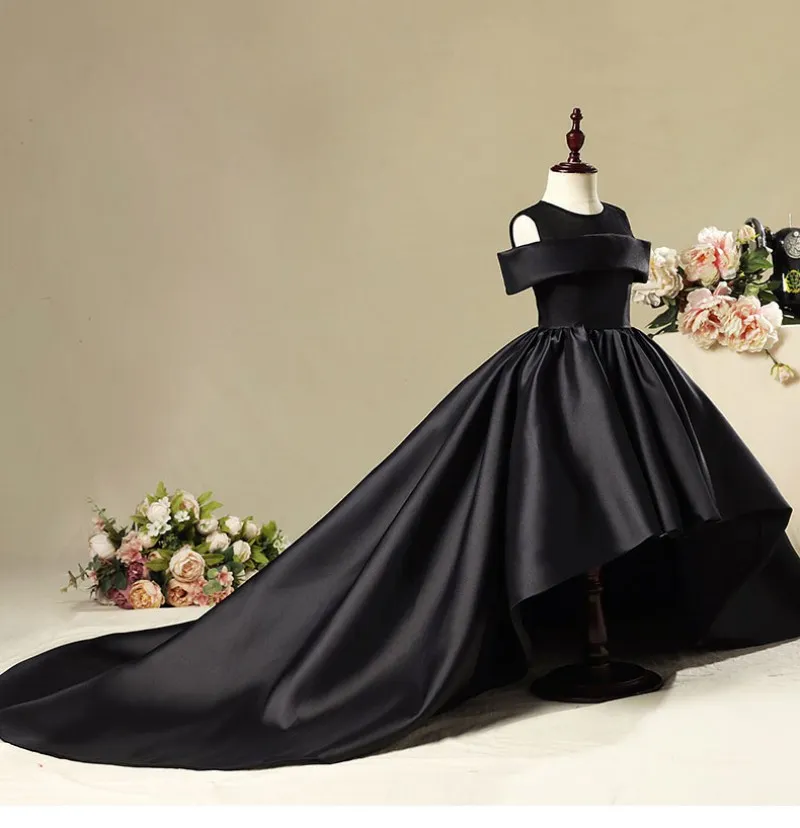 Black Flower Girl Dresses For Weddings Hi Low Ball Gown Girls Pageant Dress With Long Train