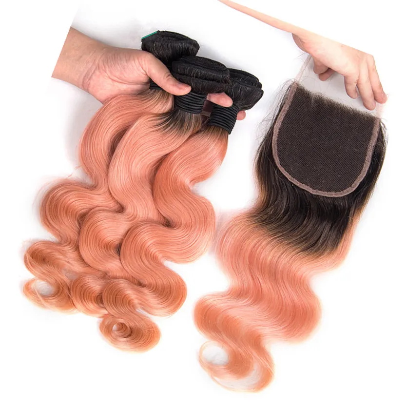 Body Wave Ombre # 1B / Rose Gold Bundles de tissage de cheveux humains vierges péruviens avec fermeture Ombre Rose Tissage de cheveux humains avec fermeture à lacet 4x4