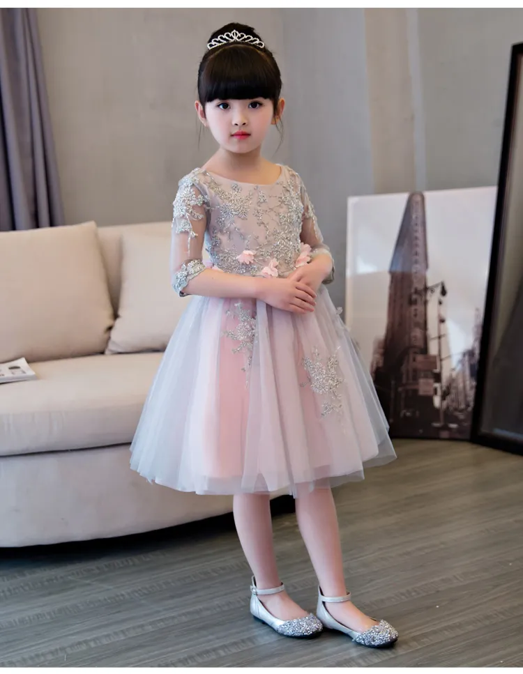 vestidos de daminha Girls Pink Mesh Wedding Party Dress Beaded Appliques Flower Girl Dresses for First Communion Dress