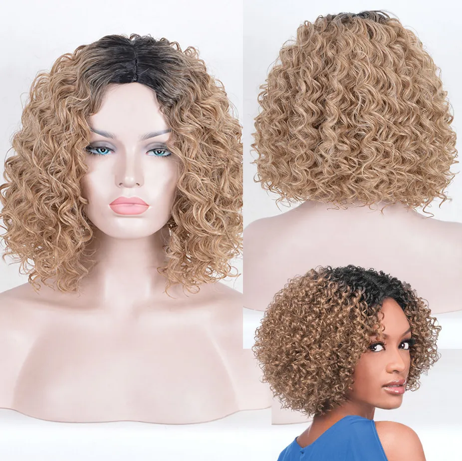 Kvinnor Kort Afro Wig Kinky Curly Hair Blonde Ombre Black Root Middle Part Wigs