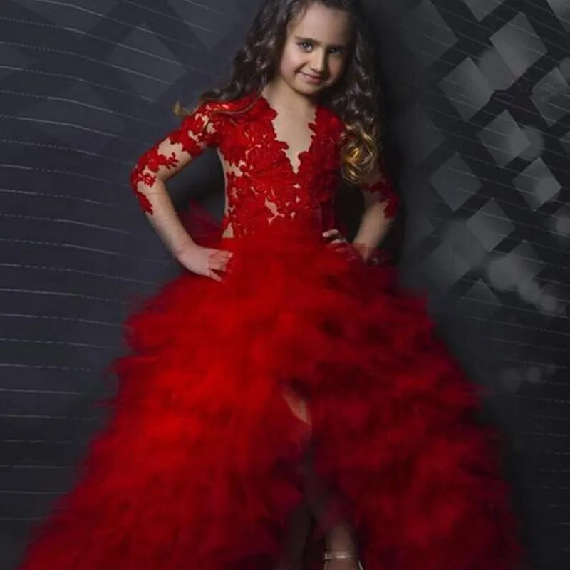 2018 Vestidos de desfile para niñas para adolescentes Apliques de encaje rojo oscuro Mangas largas Volantes de niveles altos y bajos Tamaño 13 Fiesta Niños Vestidos de niña de flores