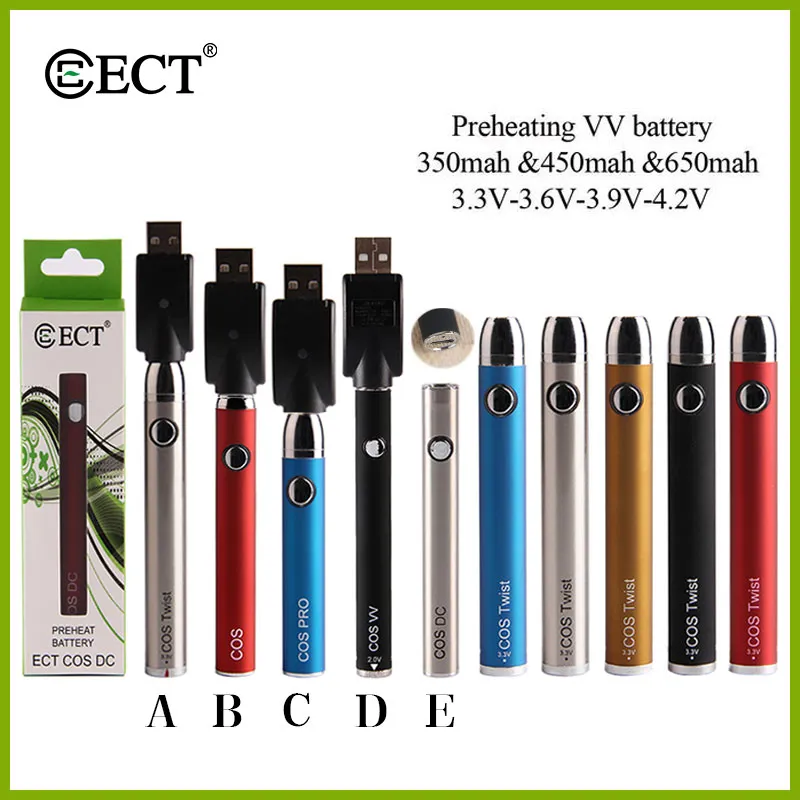 original ECT 650mah variable voltage preheating battery bottom twist e cigarette preheat battery 510 thread for thick oil vape cartridges