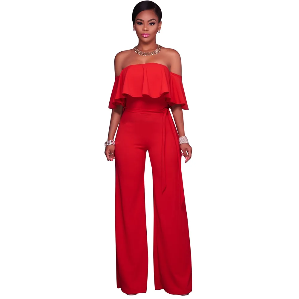 Nya Kvinnor Av Axel Wide Leg Jumpsuit Ruffles Half Sleeves Midja Rem Sexig Ladies Casual Loose Playsuit för Kvinnor Romper