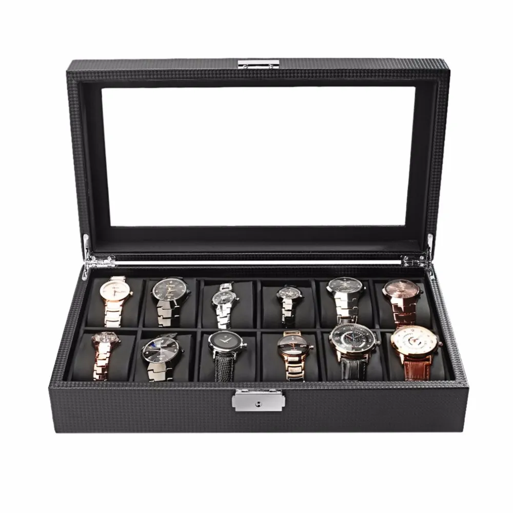 2018 12 slots koolstofvezel sieraden display horloge doos opslaghouder hoogwaardige zwarte grote grote caixa para relogio saat kutusu301y
