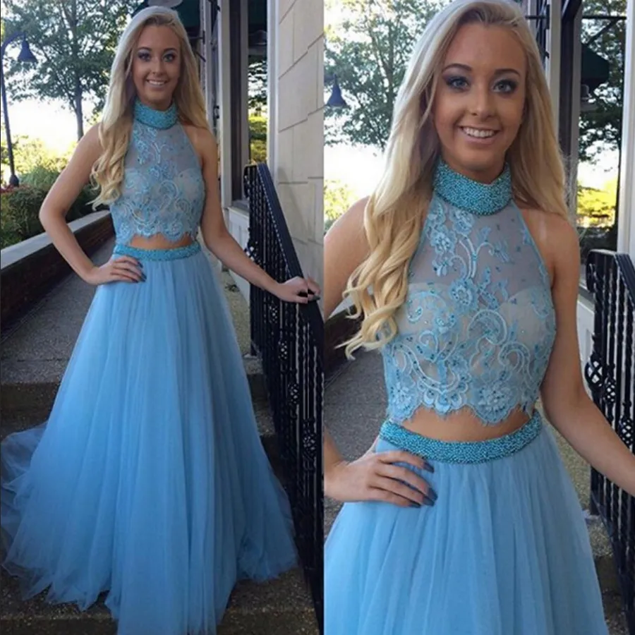 Halter Neckline Blue junior Prom Dress Two Pieces Beading Belt Long Evening Dress Cutout Open Back Formal Gowns