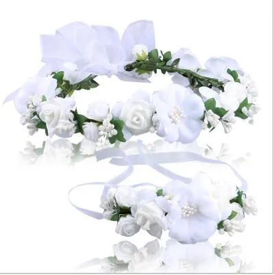 9色の白い女性シルクフラワープリンセスクラウンヘッドリースのリストバンドセット女性の人工泡の花の結婚式のブライダルクラウンブレスレットセット