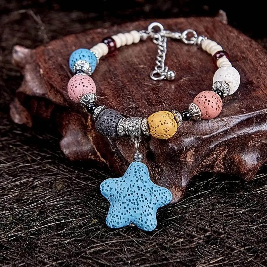 Fashion Colorized Natural Lava Stone Beads Bracelet Perfume Essential Oil Diffuser Bracelet Star Charms Accessories Jewelry Women