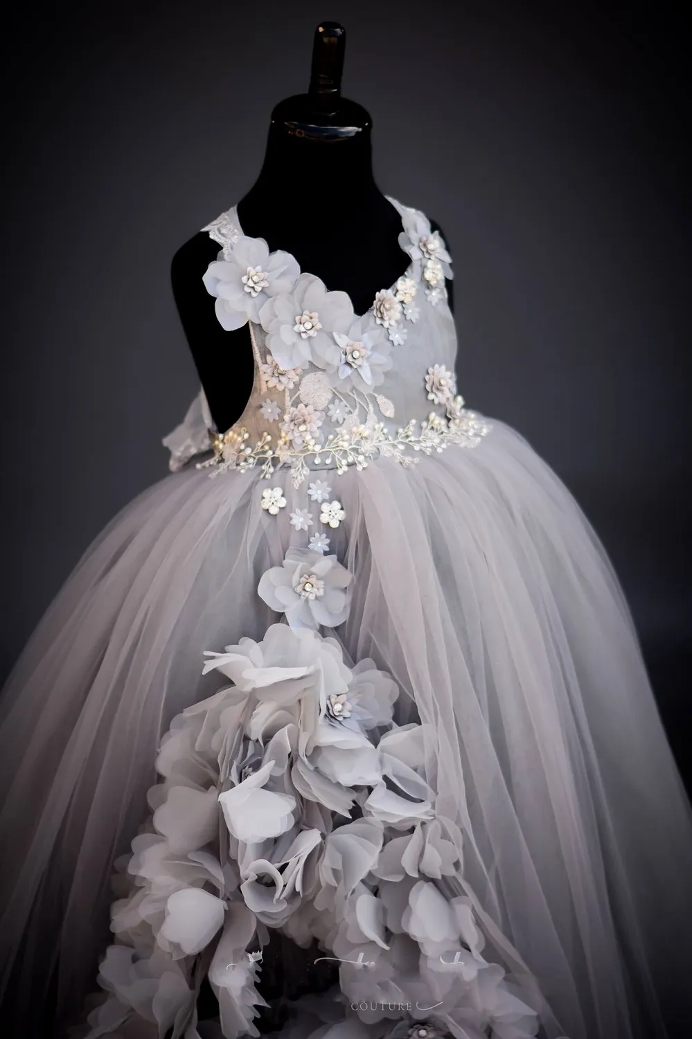 White Flower Dark Grey Flower Girl Dress Satin Flower Girl Dress, Flower Girl Dress, Gray Flower White Flower Dark Grey Flower Girl Dress Satin Flower Girl Dress, Flower Girl Dress, Gray Flower