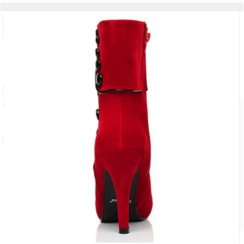 Luxurious Large Size 35-43 Women Ankle Boots High Heels Fashion Red Shoes Woman Platform Flock Buckle Boots Ladies Shoes Female