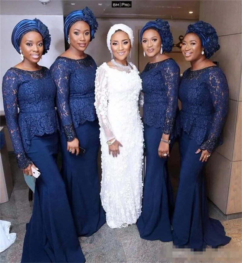 Aso ebi حورية البحر وصيفات الشرف فساتين البحرية الأزرق الأكمام طويلة الأكمام المساء peplum الدانتيل الأفريقي النساء ارتداء فستان ضيف الزفاف