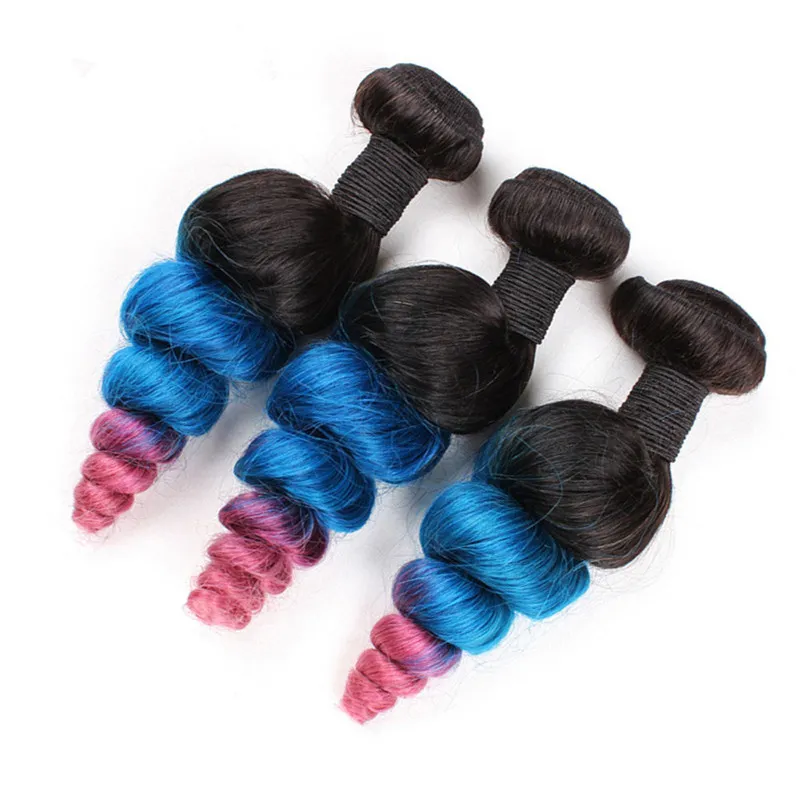 ثلاثة لهجة الملونة # 1b / الأزرق / الوردي أومبير بيرو الإنسان الشعر ينسج 3 قطع الكثير فضفاض موجة متموجة الأزرق الوردي أومبير عذراء الشعر حزم صفقات