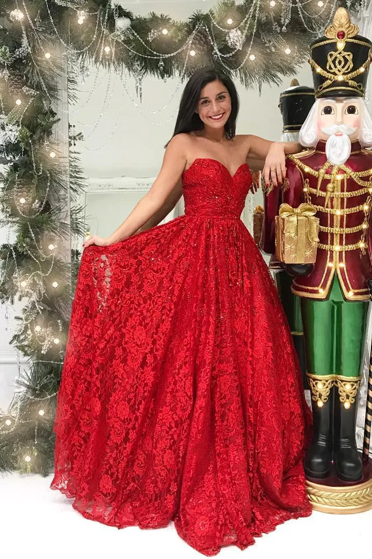 Tani czerwony długi wieczór sukienki 2018 koronkowe stanik ukochane imperium talia plisowana otwarta plecy