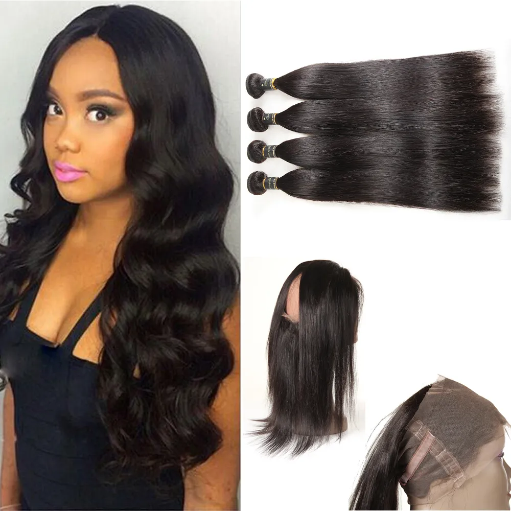 Cabelo Virgem Reta brasileira com 360 Lace Frontal Cabelo Humano Brasileiro 3 Pacotes com Frontal Encerramento 360 Lace Frontal com Feixes