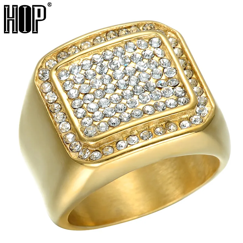 HIP Hop Micro Pave Rhinestone Iced Out Bling Square Ring IP Gold Filled Titanium Stainless Steel Rings for Men Jewelry
