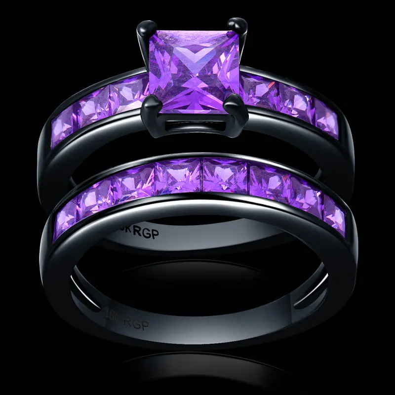 Noble roxo quadrado cz zircon casal anéis conjunto preto ouro cheia aliança de casamento para as mulheres