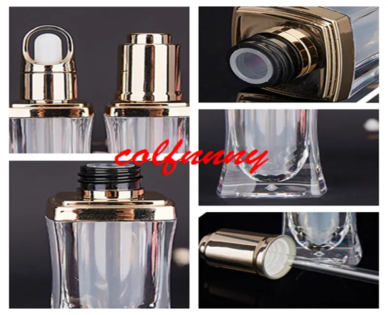 50 stks / partij Snelle verzending 10 ml hoogwaardige acryl gouden parfum / essentiële olie / cosmetica glazen verpakking fles cosmetische containers aangepast