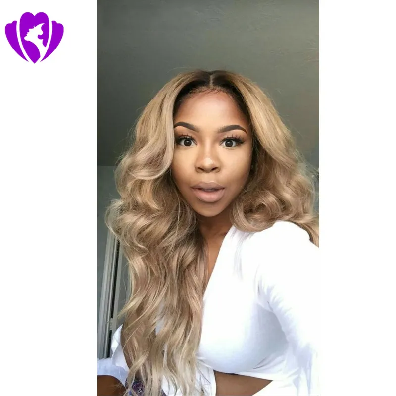 Leimlose blonde Ombre-Lace-Front-Perücken, synthetisch, realistisch aussehend, freier Teil, lange, gewellte blonde Perücke mit braunen Wurzeln für Afroamerikaner