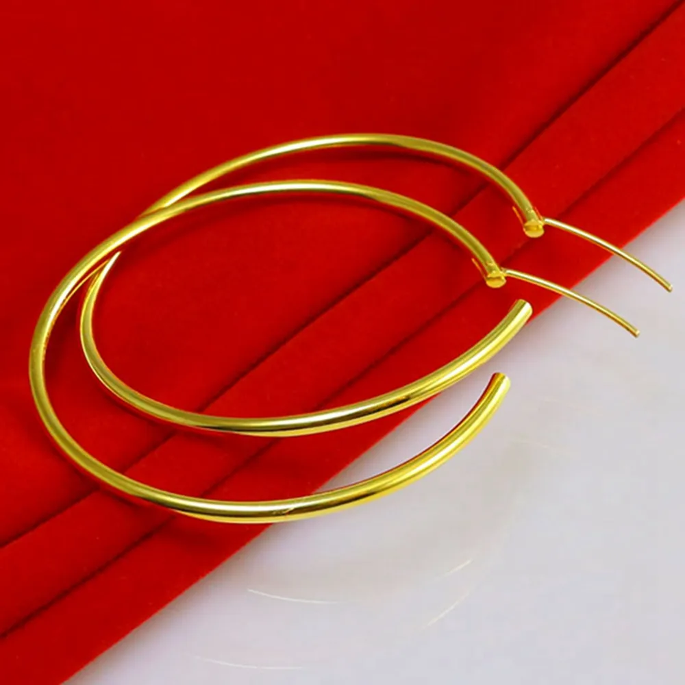 Womens Girls Smooth Hoop Earrings 18K Yellow Gold Filled Big Large Circle Huggies Earrings 40mm Diameter