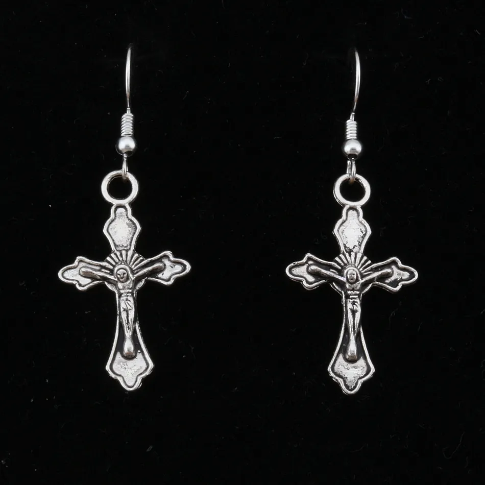 Jezus Chrystus Cross Kolczyki Silver Fish Ear Hook / Antyk Srebrny Żyrandol Biżuteria 17.5x49mm A-267E