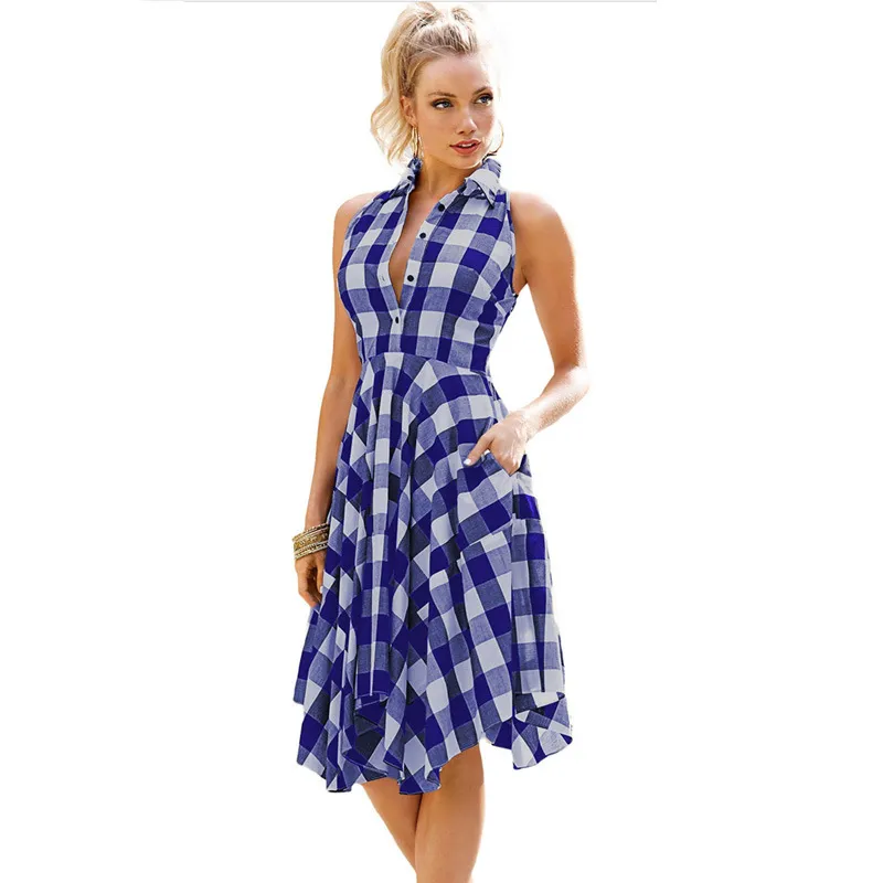 Plaid Shirt Dress for Women Knee-Length Sleeveless Casual Summer Dress with  Crew Neck from Dhgate Basic & Casual Dresses