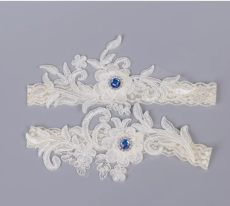 Blue Rhinstone Bridal Wedding Leg Garter Women Garter White Embroidery Sexy Garters set3136245