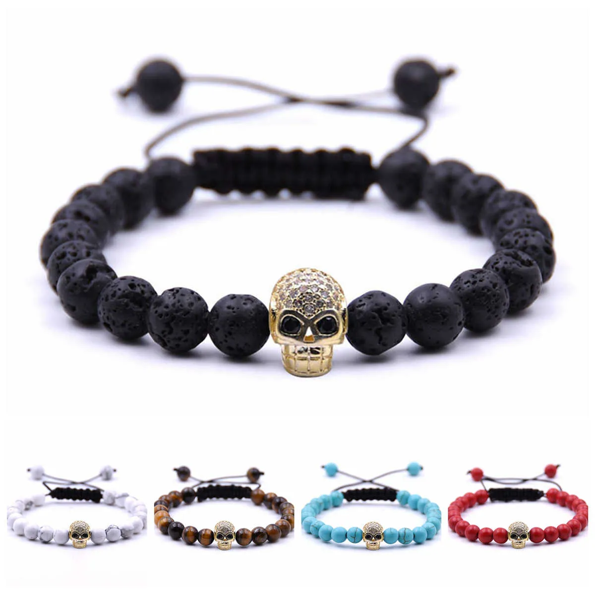 2018 hot sale 10pc/set handmade woven bracelets Turquoise stone decorative skull head beaded cheap bracelets for men and women