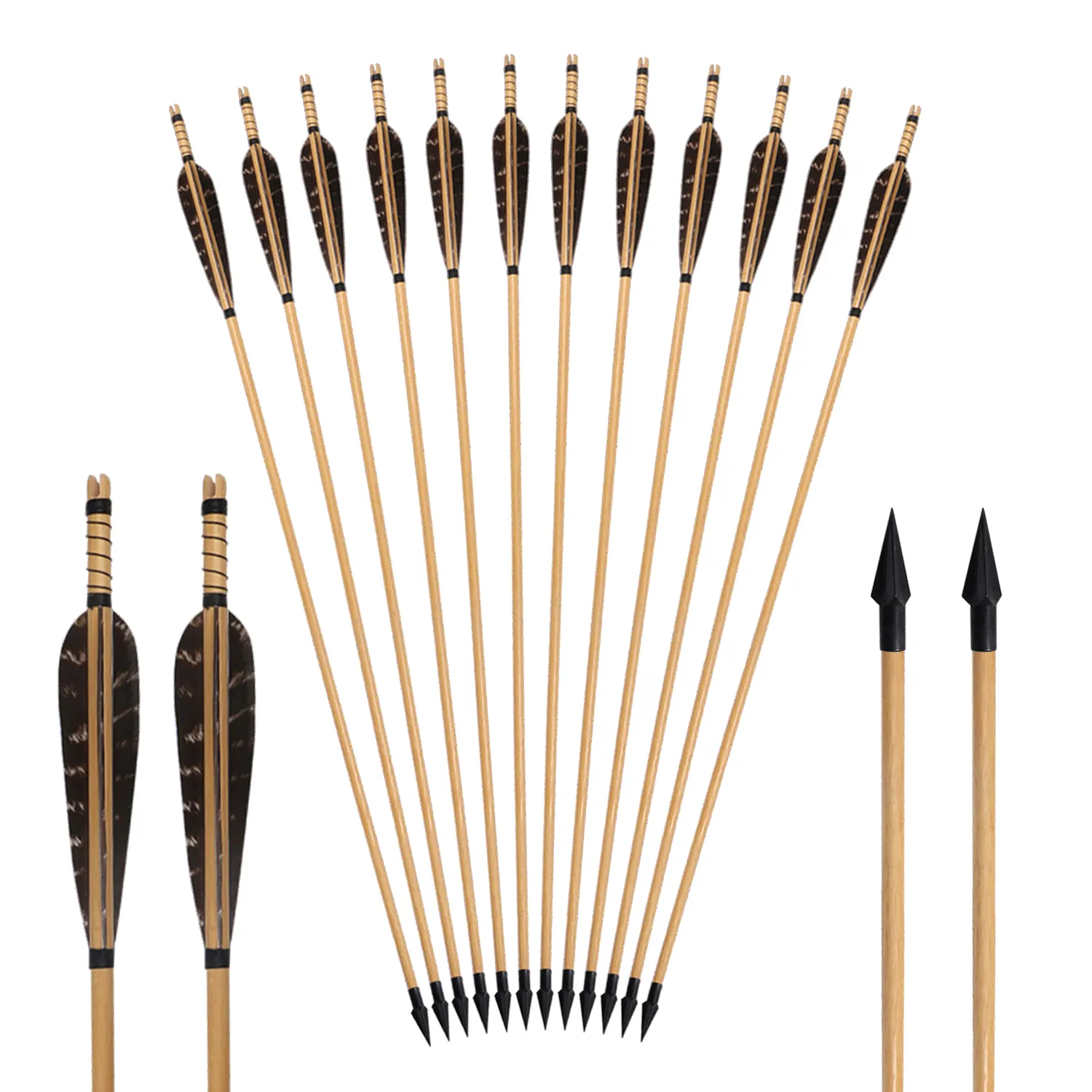 Natural Feather Fletching Wood Arrows With Broadheads For Recurve Bow