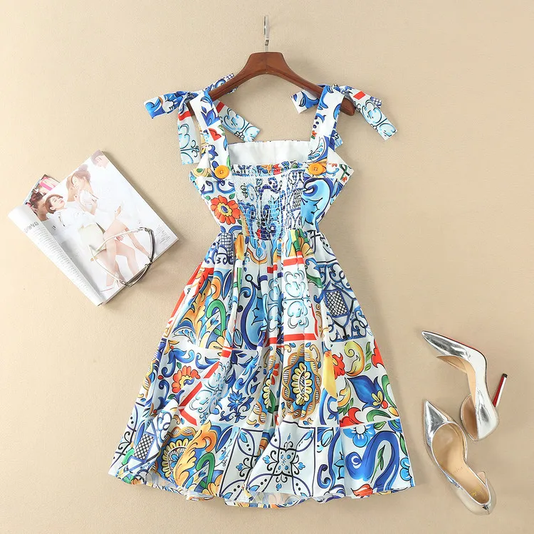 Mignon! Motifs de carreaux de porcelaine bleu robe imprimée noeud papillon spaghetti sangle fit et flare mini robes d'été nouvelle marque printemps 2018