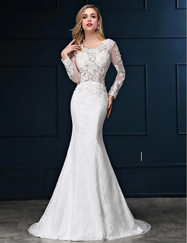 Vintage Summer Bridal Gowns Scoop Neck Sweep Train Lace Wedding Dress with Appliques by Embroidered Full Lace Mermaid Wedding Dresses