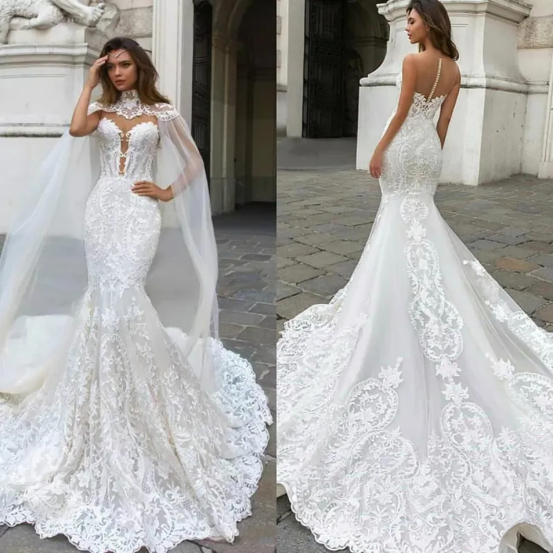 Arabiska Luxury Lace Mermaid Bröllopsklänningar Brudklänningar med lång wrap High Neck Appliqued Vintage Plus Storlek Bride Dress Vestidos de Novia
