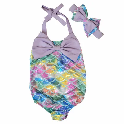 Children Mermaid Swimwear Bow Headband+Bow Swimwear Cartoon Mermaid Bikini Kids One-piece Swimsuit 4 Designs