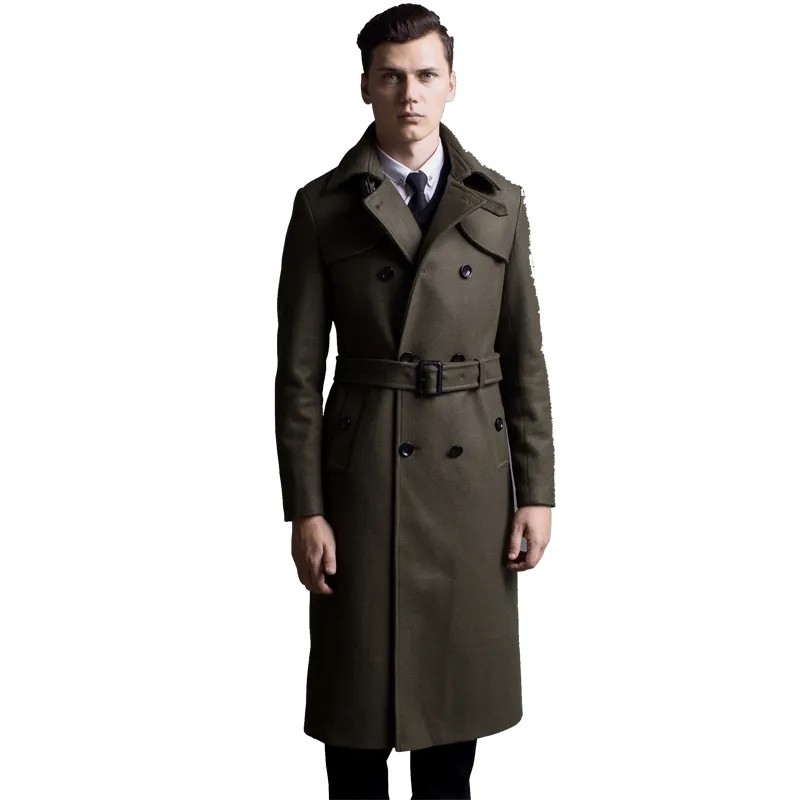 Extra lange wollen jas mannelijke Britse dubbele breasted wollen trenchcoat heren slim fit klassieke leger groene warme erwten jas