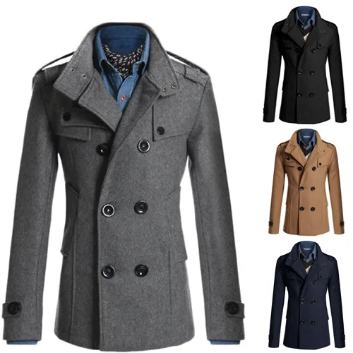 Mens British Double Breasted Coats Man Winter Slim Wool Blends Outerwear Coats Male Fashion Clothing Coats Tops M-3XL