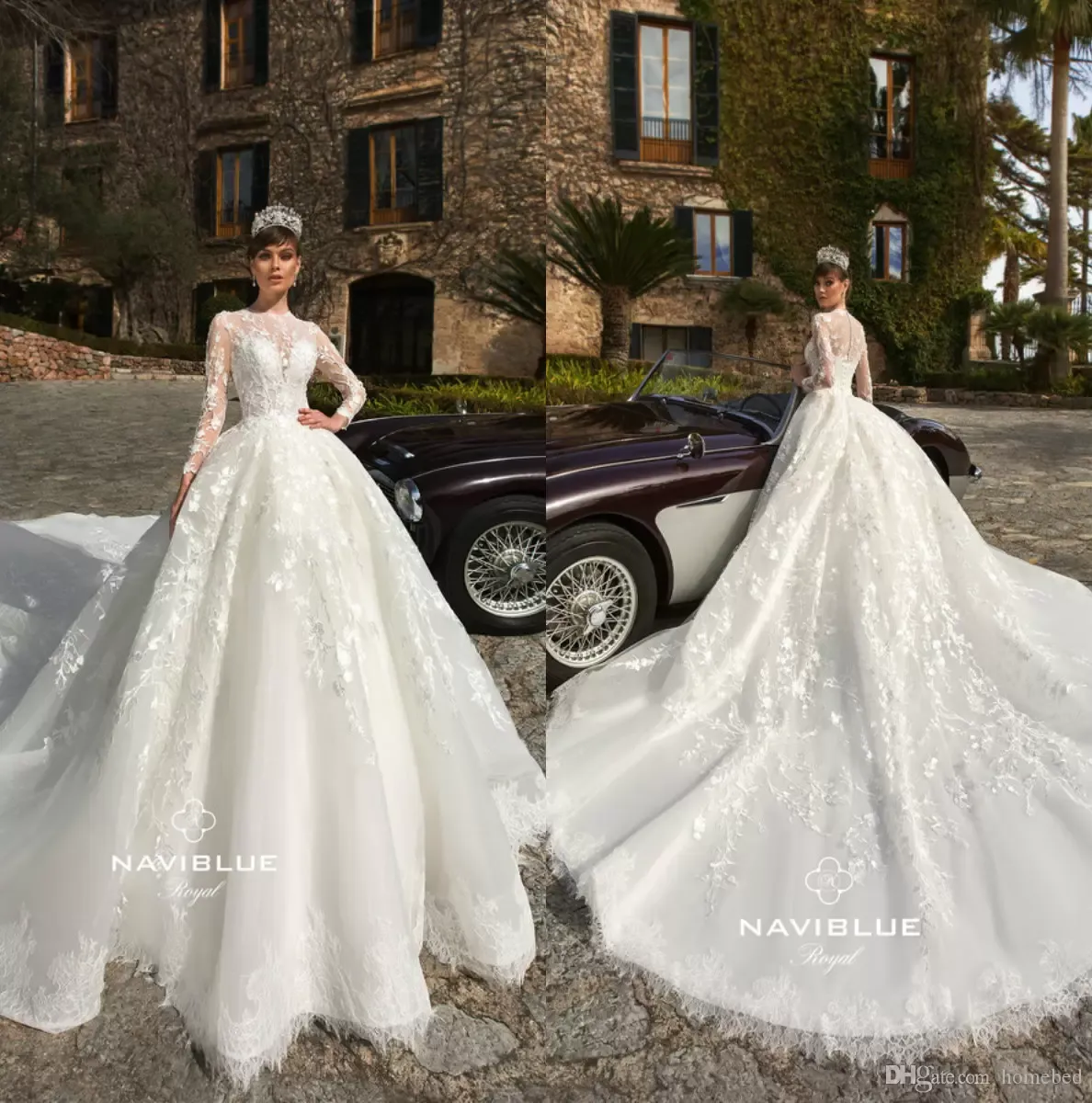 2019 Robes de mariée à manches longues avec train cathédrale Jewel Neck Lace Appliqued Robes de mariée Boho Beach Plus Size vestito da sposa