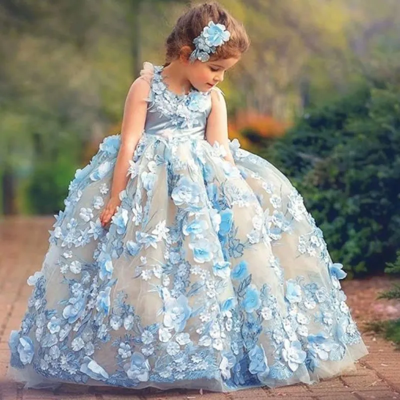Fabuloso Sky-Blue Toddler Pageant Vestidos Jewel Neck sem mangas Fofo Meninas Pageant Vestidos de fadas 3D Floral Appliques Flower Girl Dresses
