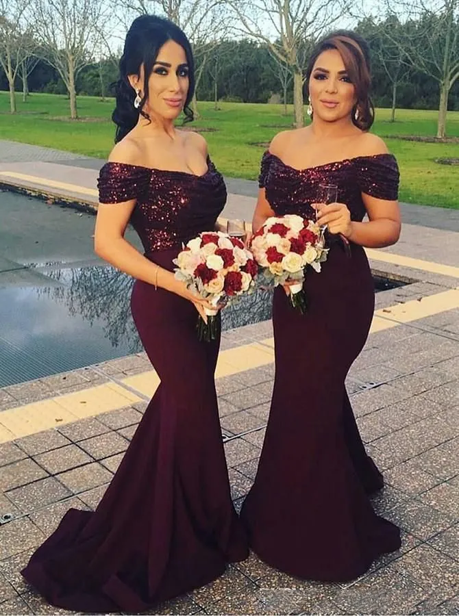 2019 Burgundy Off The Shoulder Mermaid Long Bridesmaid Dresses Sparkling Sequins Top Wedding Guest Dresses Plus Size Maid of Honor Gowns