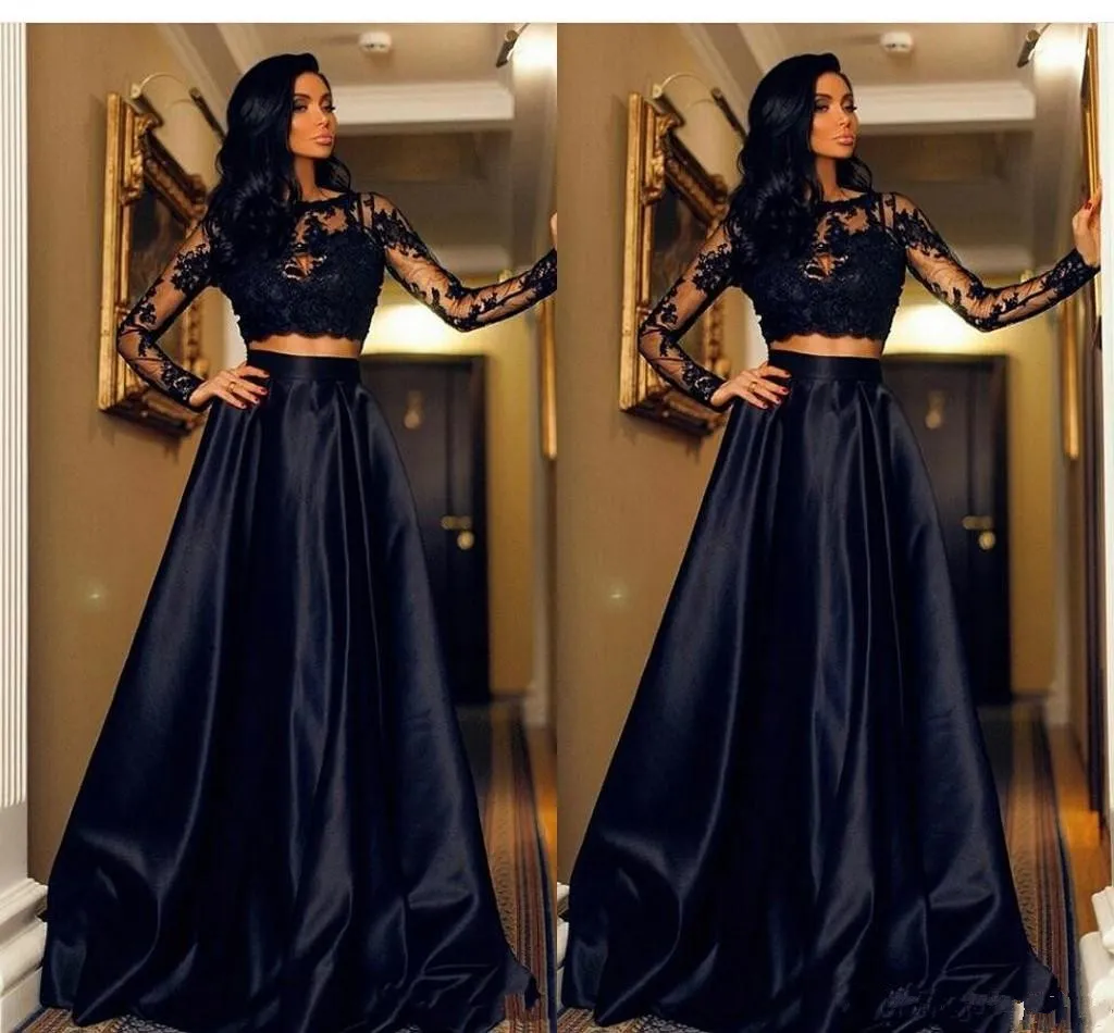 Chic Black Lace Applique Two Piece Two Piece Prom Dresses With Illusion Long Sleeves And Open Back Plus Size Evening Gown 2019 From Sarahbridal 129.35 DHgate.Com