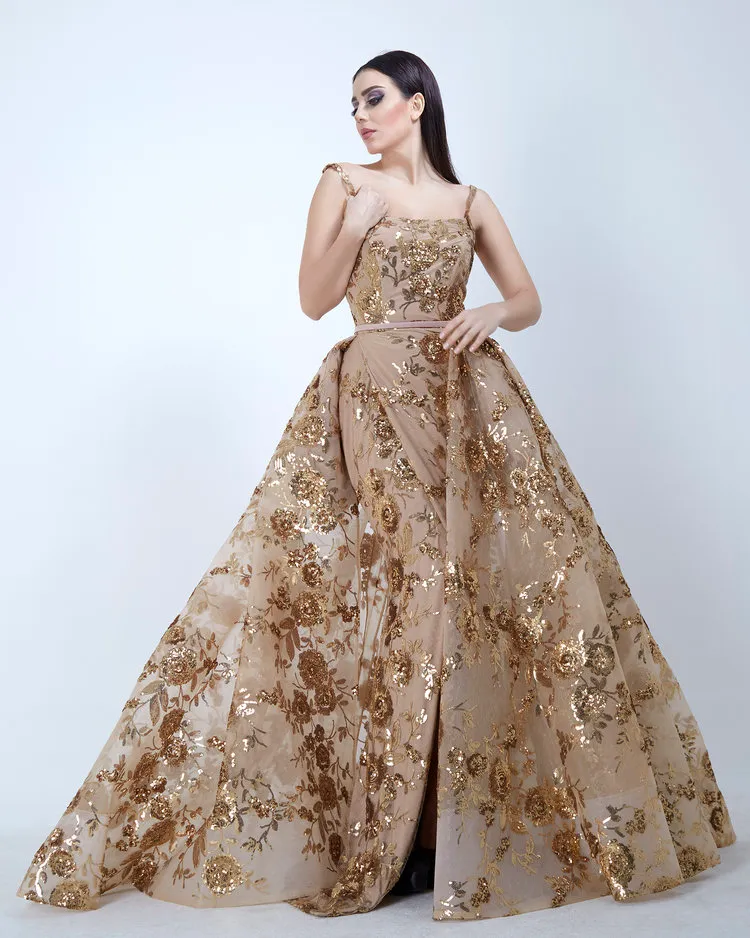Yousef Aljasmi Gold Sequined Gold sequin Formal dress with Spaghetti Straps - Plus Size Prom Gown for a Sparkling Formal Look Yousef Aljasmi Gold Sequined Gold sequin Formal dress with Spaghetti Straps - Plus Size Prom Gown for a Sparkling Formal Look