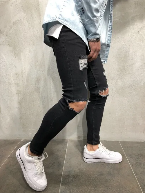 Mode hommes déchiré trous Jean droit mince élastique Denim coupe Jean noir Slim Jean mâle pantalons longs Jean Pants208R