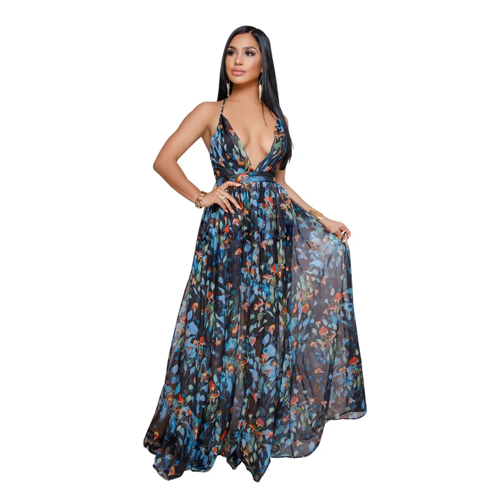 Women s Deep V Neck Backless Chiffon Long Dress Sexy Sleeveless Floor length Casual Boho Beach Print Dress 2024 Summer Floral A Line Maxi Dress